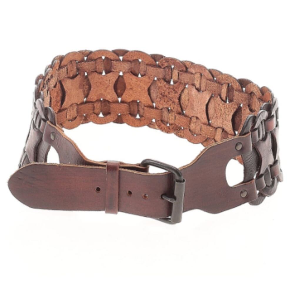 Brown Genuine Leather Wide Woven Interlocking Link Statement Belt Boho Western